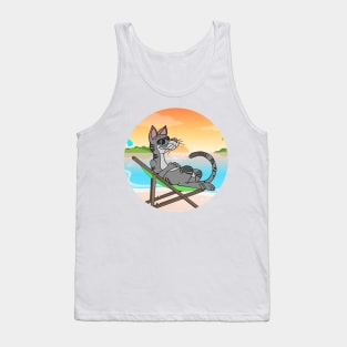 Cat Chilling At Beach With Sunset Comic Style Tank Top